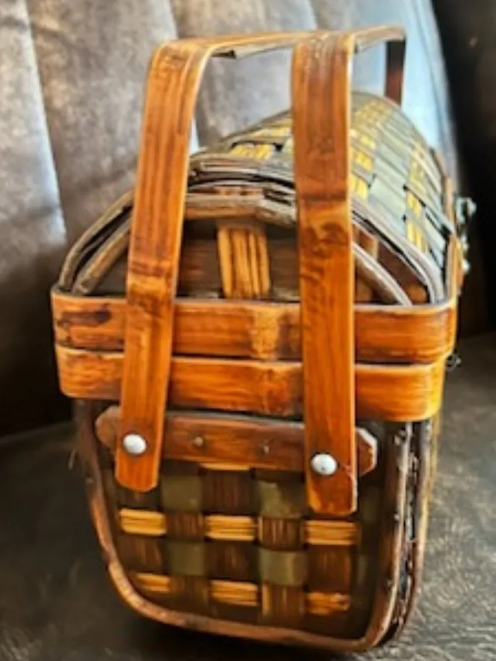 Vintage Woven Wood Basket with Hinged Lid & Double Handles